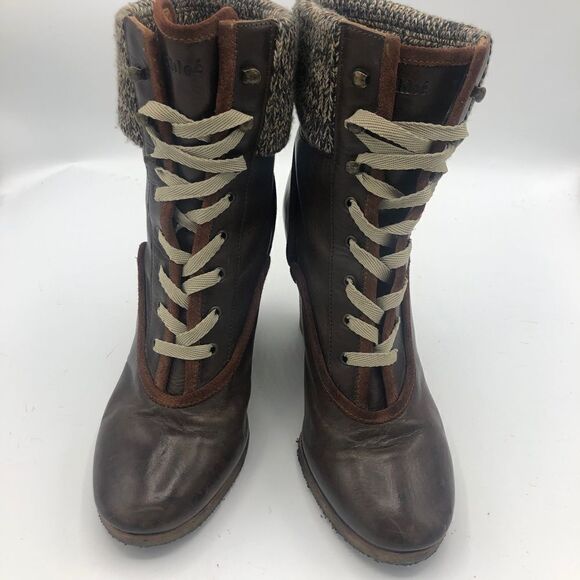 Chloe Leather Wedge Boots Socks Brown Lace Up 38.5 38 1/2 8.5 Winter Fall - Picture 2 of 9